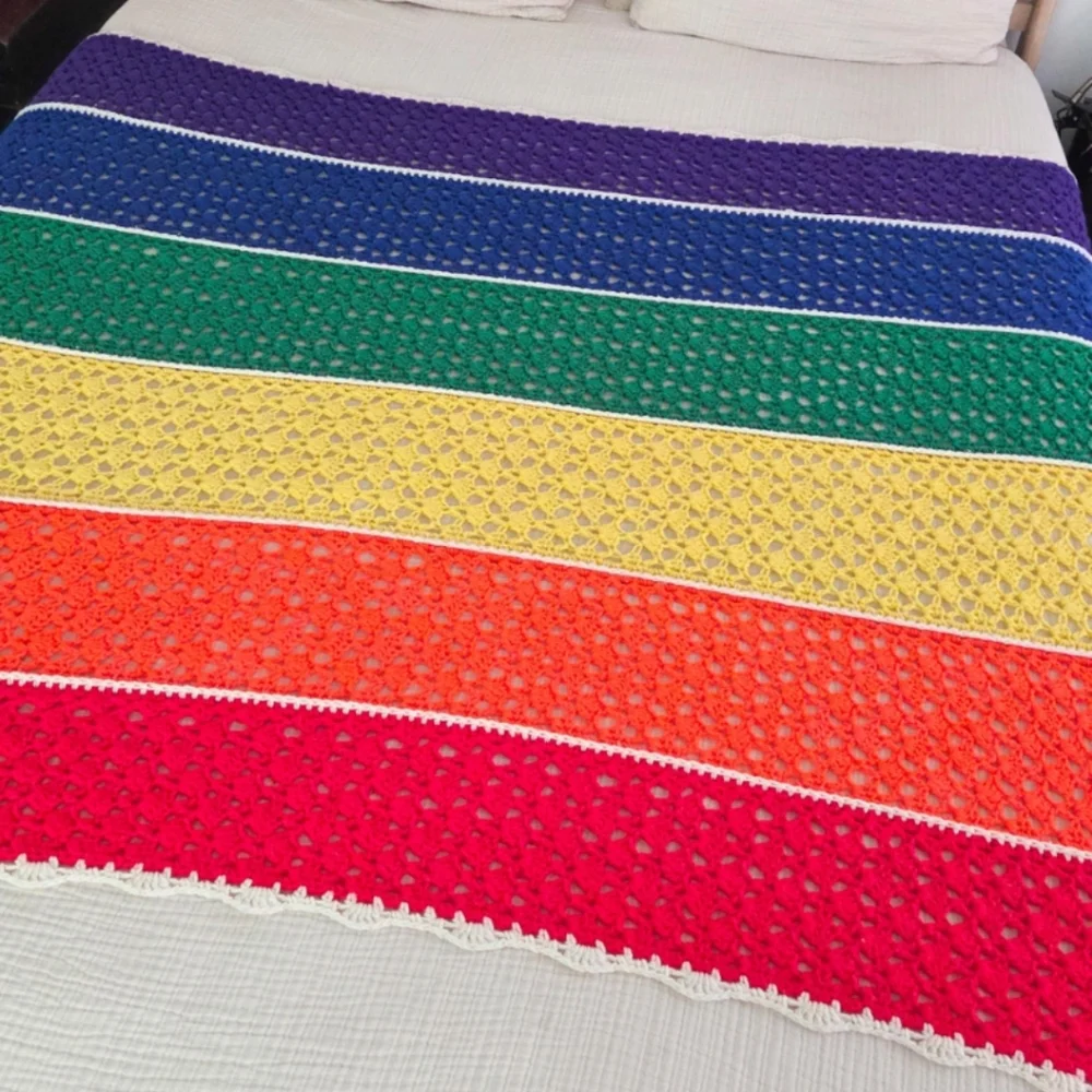 SOLD - Vintage Rainbow Striped Crochet Throw Blanket / Retro Granny - Picture 1 of 7